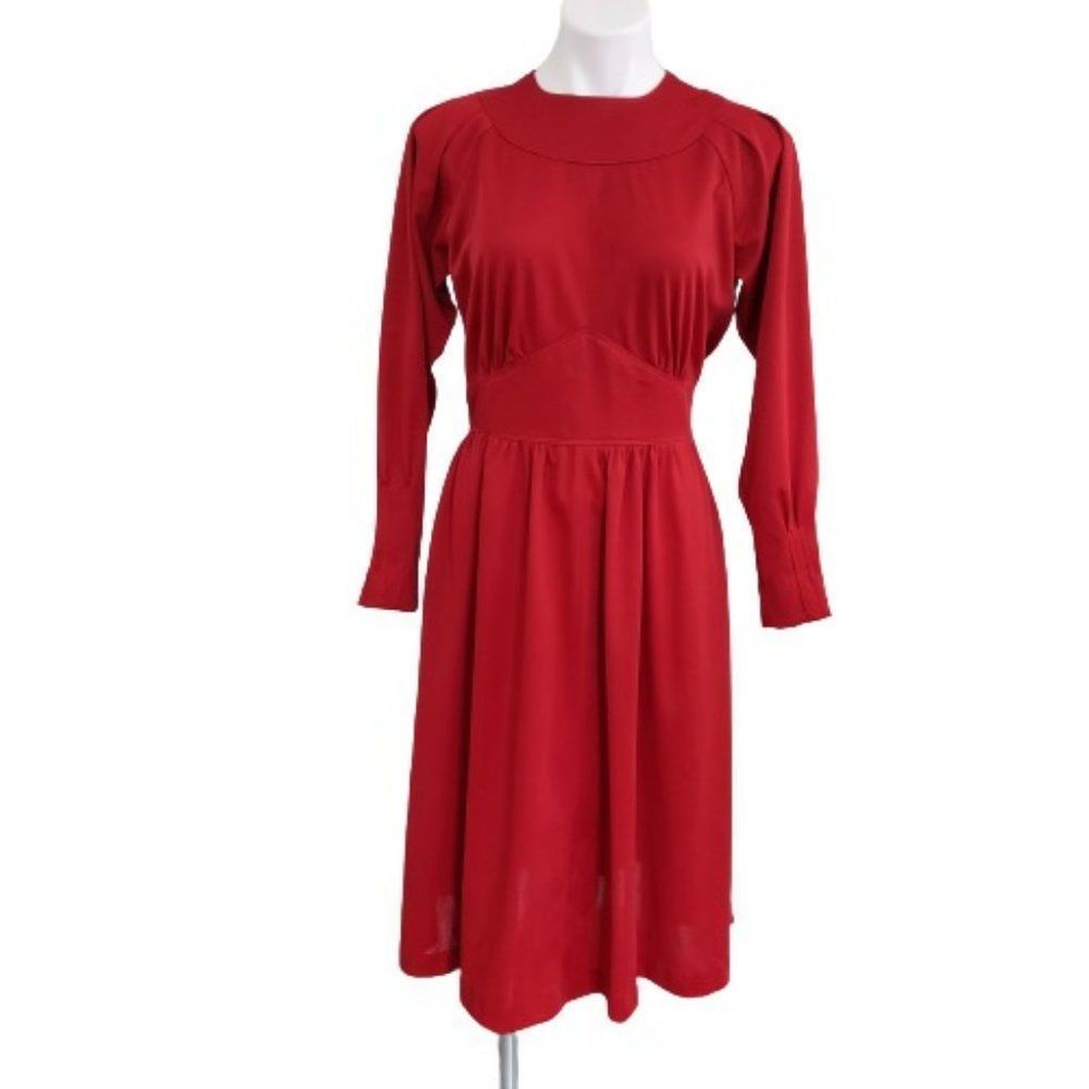 Vintage Homemade Red Long Sleeve Midi Dress Conservative Modest Handmaid's Tale